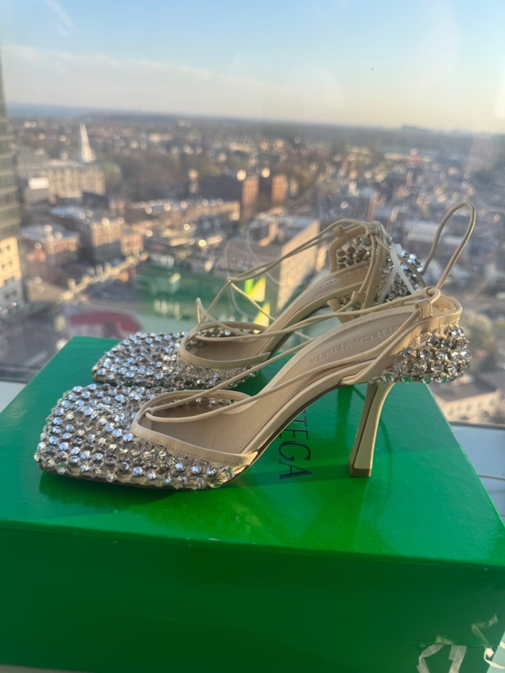 Bottega Veneta Crystal-Embellished Beige Ankle-Tie Heels - Picture 2 of 5
